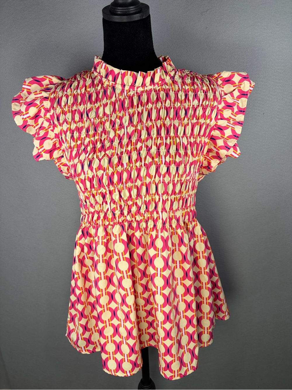 Smocked Pink & Cream Geometric Flutter-Sleeve Blouse